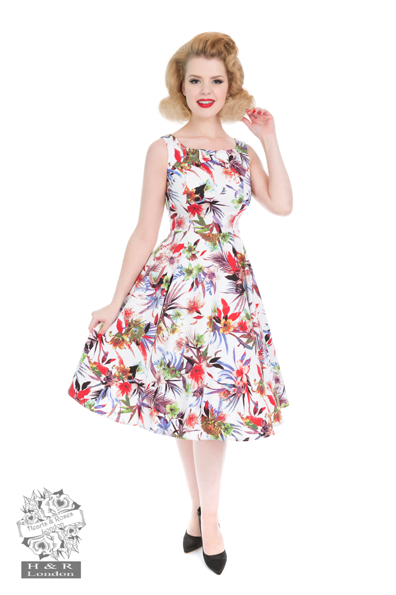 50s Lily Floral Dress In White Hearts And Roses London 